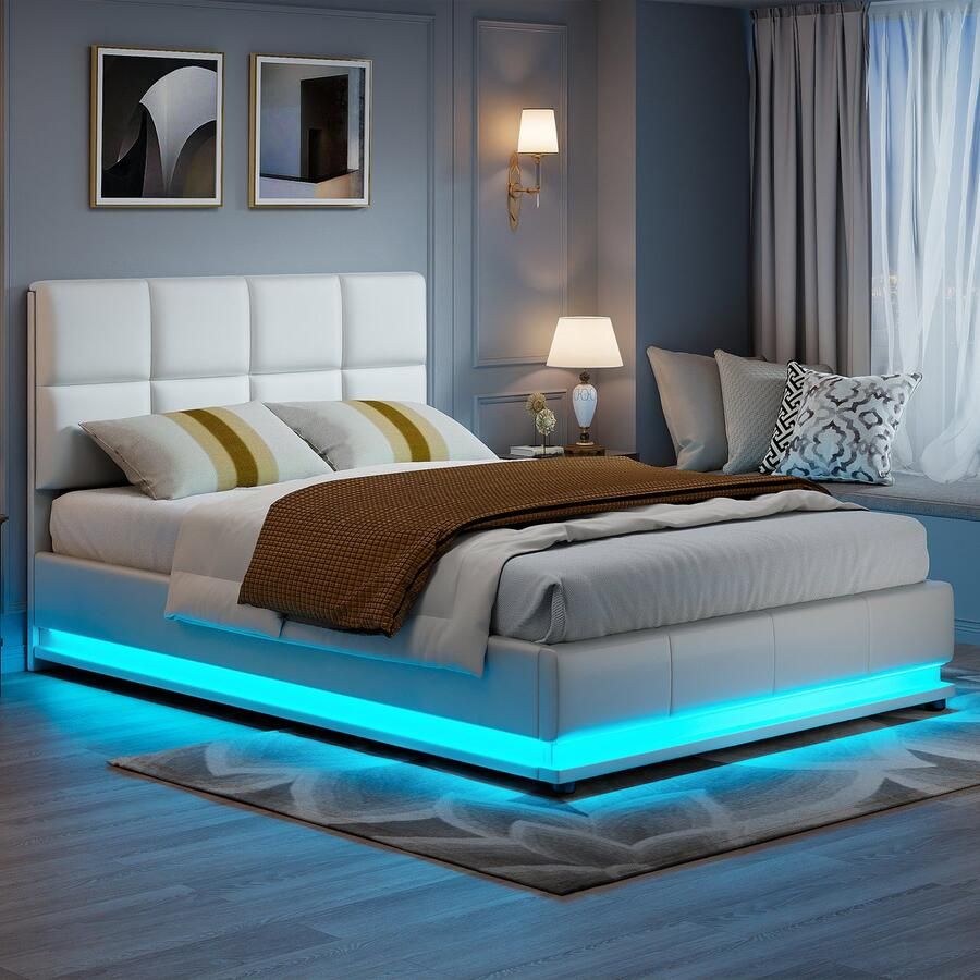 SHOPENTRA Led Boxspringbed 140x200 cm met Hydraulische Opbergruimte Lattenbodem & LED Verlichting Kunstleer Wit Tweepersoonsbed Volwassenen & Jeugd