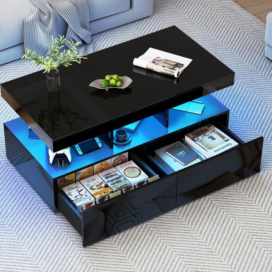 SHOPENTRA LED Salontafel Zwart Hoogglans – 2 Lade Opbergruimte – Modern Woonkamermeubel