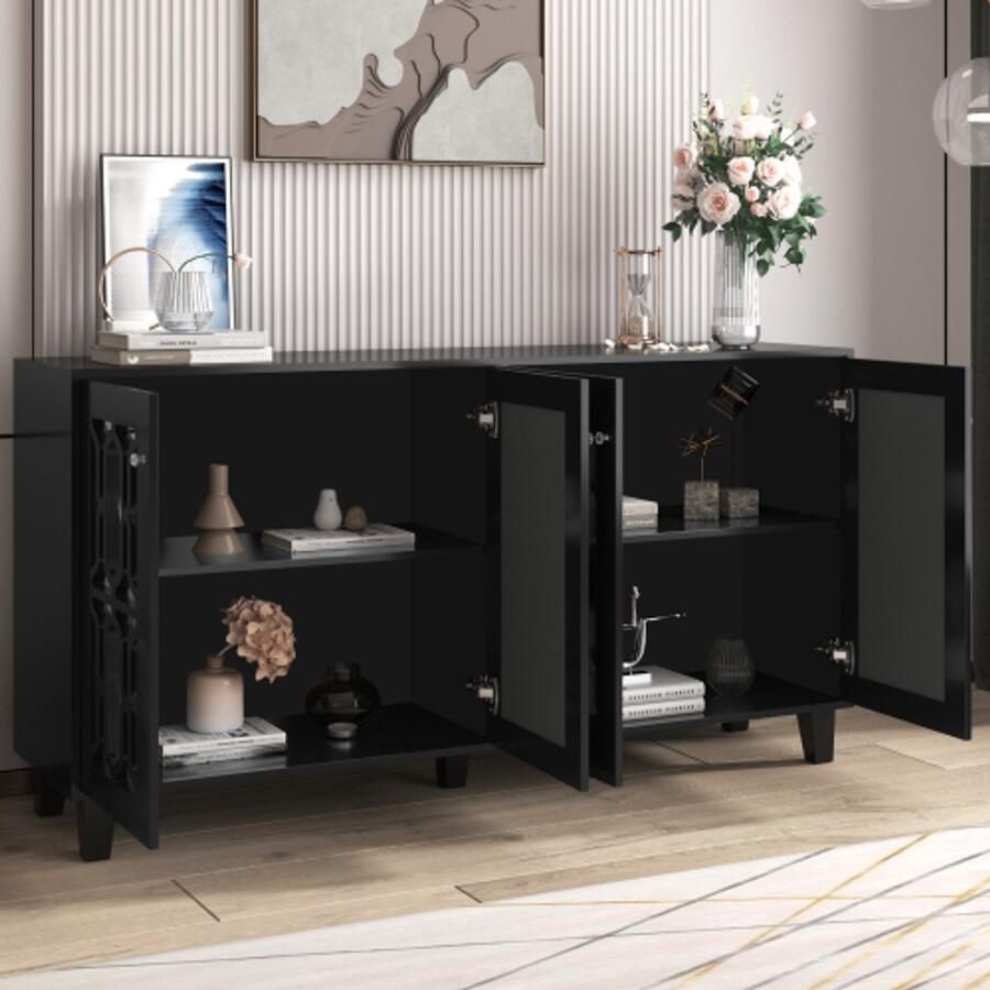 SHOPENTRA Luxe zwart spiegel anrichte met kristallen handgrepen – 4 deuren & verstelbare planken 160x40x84 cm – Elegant sideboard voor woonkamer en eetkamer