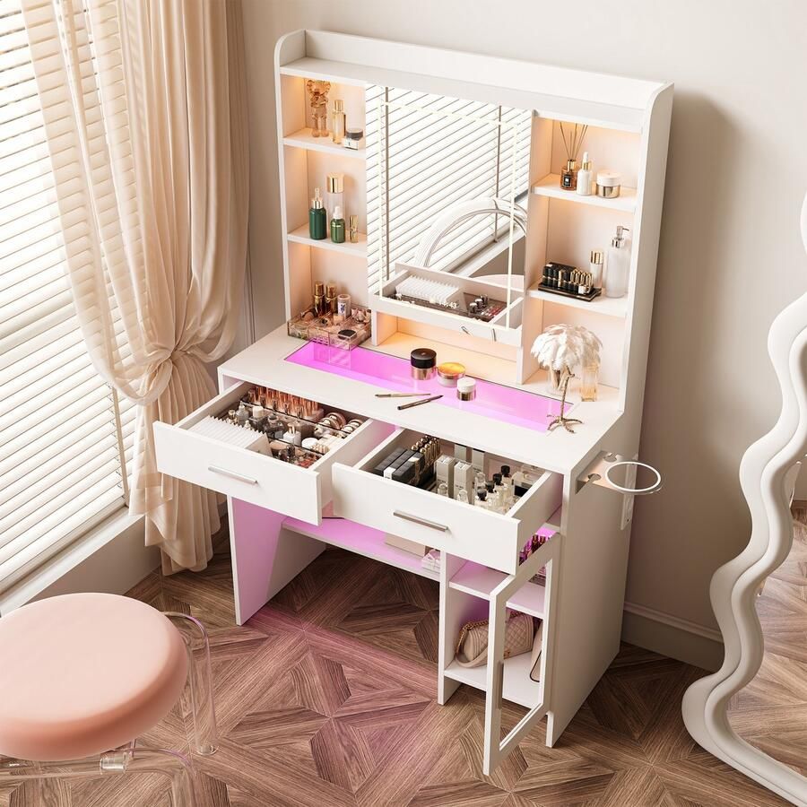 SHOPENTRA Make-up Tafel met RGB LED Spiegel – 145x86 8x40 cm – Lade & Opbergruimte – Stopcontact & Föhnhouder – Elegant Slaapkamermeubel