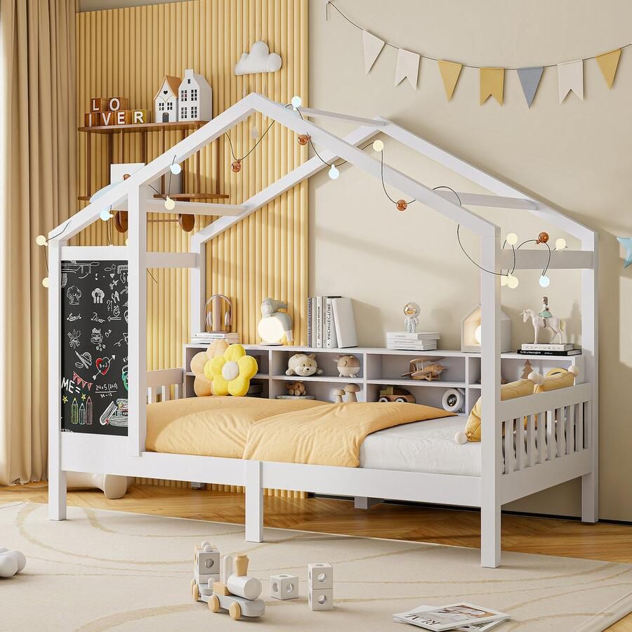 SHOPENTRA Massief houten huisbed 90x200 cm voor kinderen Wit met lattenbodem en geïntegreerd krijtbord
