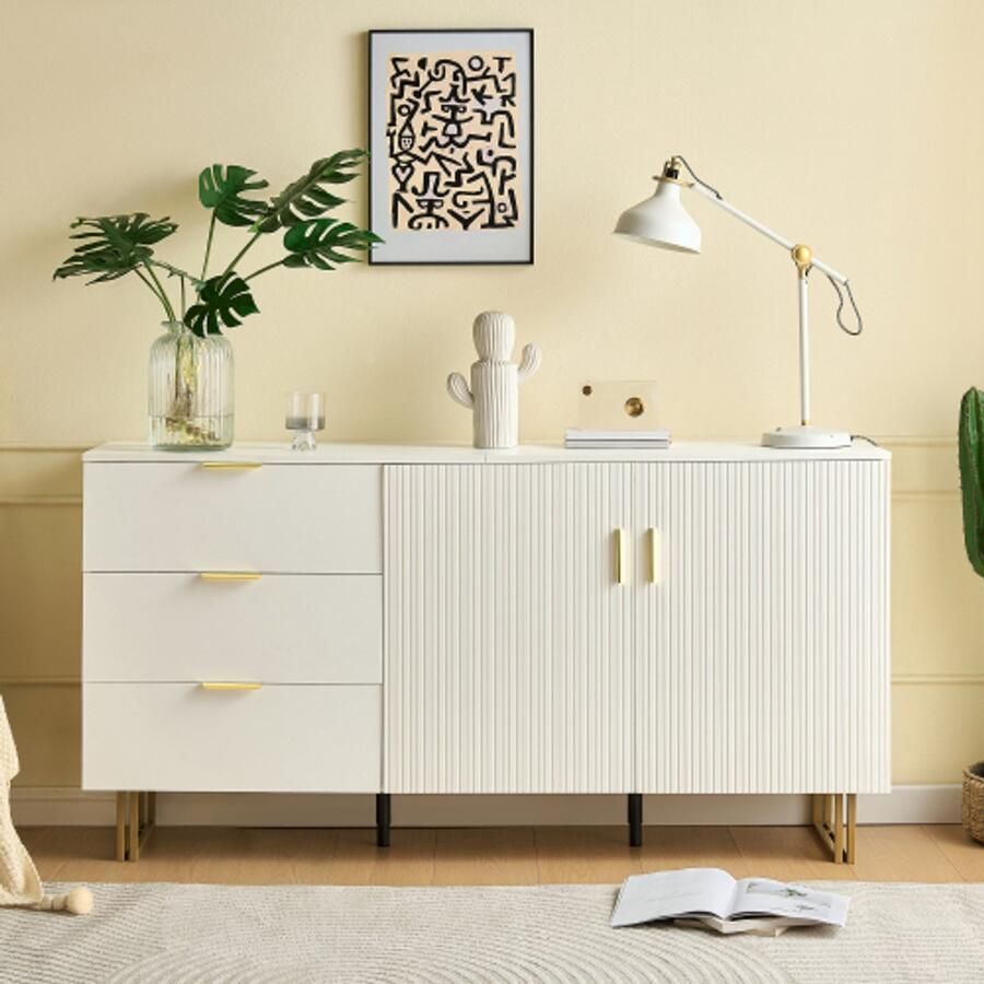 SHOPENTRA Modern 2-deurs 3-laden dressoir 160 cm – MDF meubel met gouden zinklegering-handgrepen & stalen poten bruin sideboard voor woonkamer & eetkamer