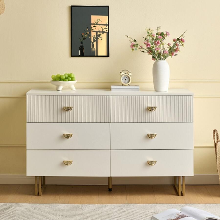 SHOPENTRA Dressoir 120 cm – Modern Opbergkast met 6 Lades Wit met Goud MDF & Staal Geschikt voor Woonkamer Hal & Slaapkamer