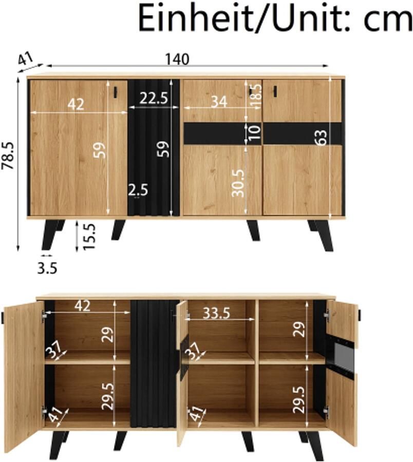 SHOPENTRA Modern dressoir 140×78 5×41 cm – Hout & zwart design met LED-verlichting en glas stijlvolle opbergkast met veel ruimte veelzijdig sideboard voor woonkamer