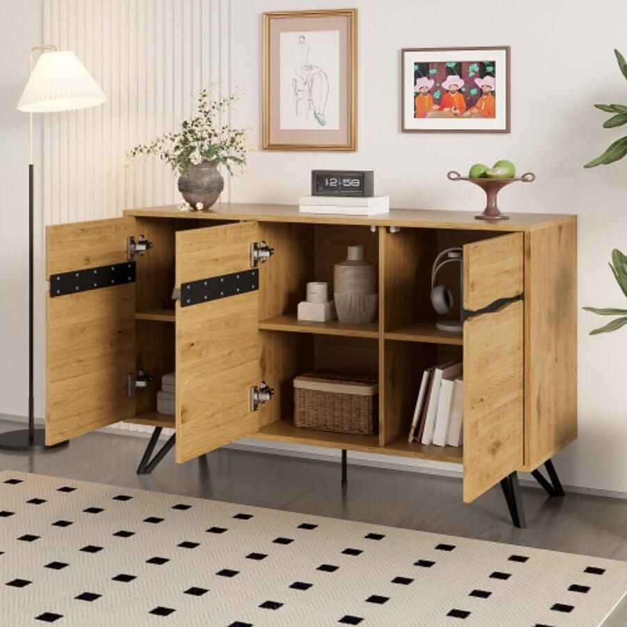 SHOPENTRA Modern dressoir met 3 deuren – houtlook kast met metalen poten veel opbergruimte stabiel & onderhoudsvriendelijk geschikt voor woonkamer eetkamer en hal