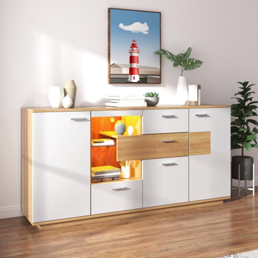SHOPENTRA Modern Sideboard 160x40x77cm – Witte Kast met LED Verlichting 2 Deuren 4 Laden en Glazen Plank