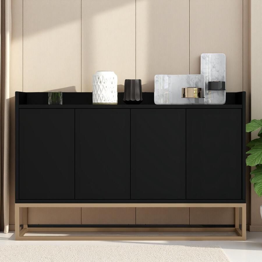 SHOPENTRA Modern Zwart Sideboard 4-Deurs – Greeploos – Minimalistisch Design voor Woonkamer & Keuken