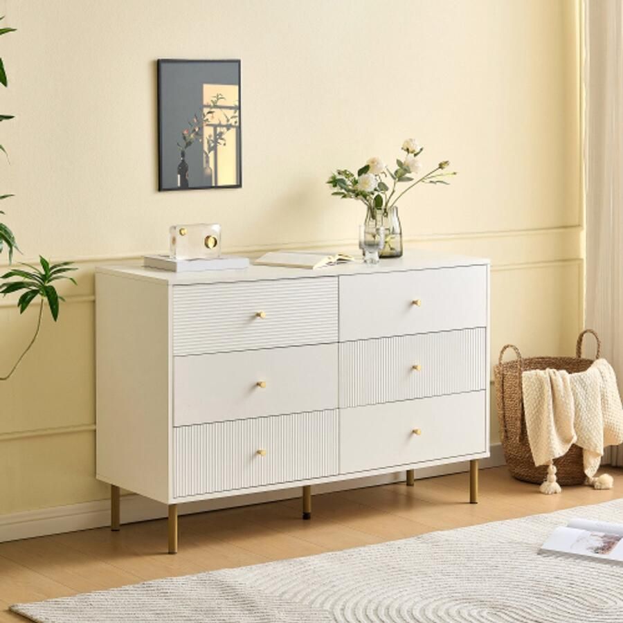 SHOPENTRA Moderne 6-laden ladekast 120x40x78 cm – Opbergkast met zinklegering-handgrepen & stalen poten MDF dressoir voor slaapkamer woonkamer & hal