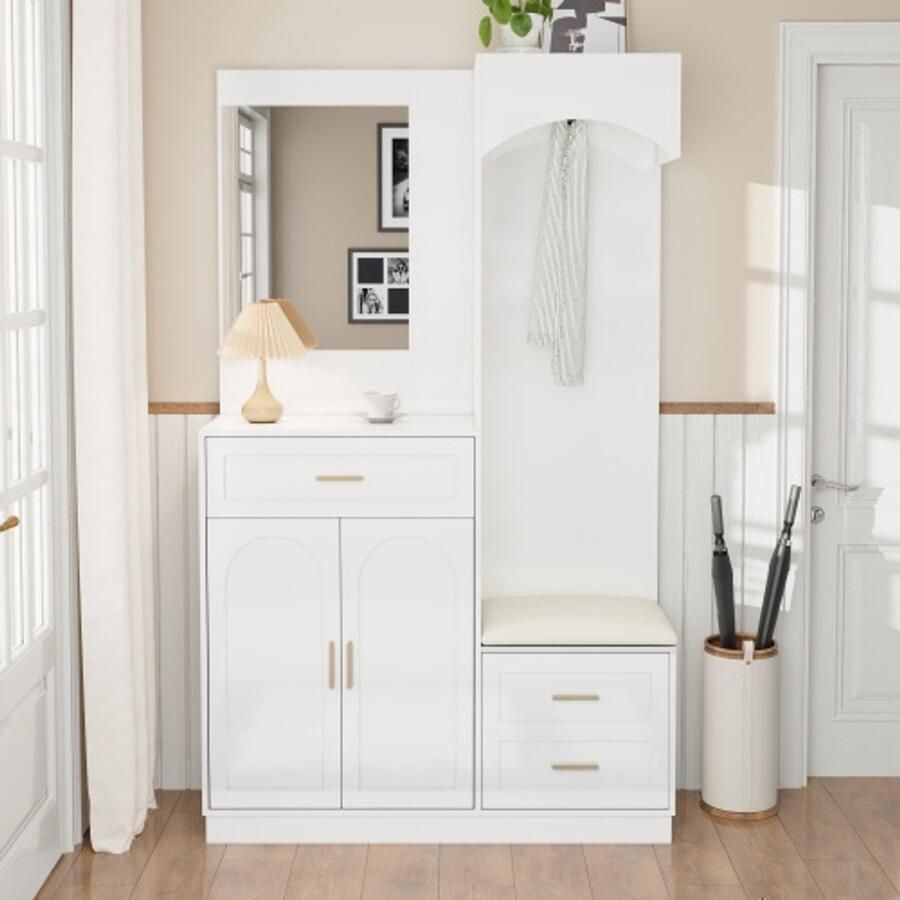 SHOPENTRA Moderne Compacte Garderobekast – Schoenkast en Kapstokcombinatie – Multifunctioneel Opbergmeubel met Spiegel – Hal & Entree