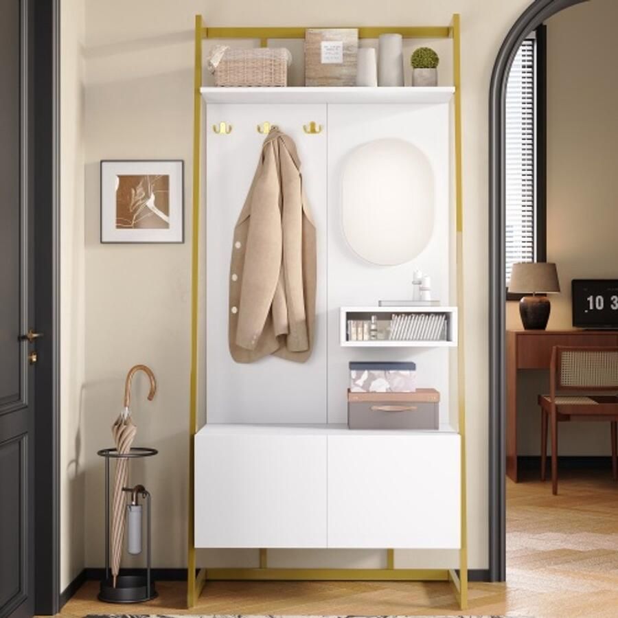 SHOPENTRA Moderne Minimalistische Kapstok met Spiegel – Open Garderoberek met Schoenbank & Metalen Haken – Multifunctioneel Opbergmeubel voor Hal & Entree