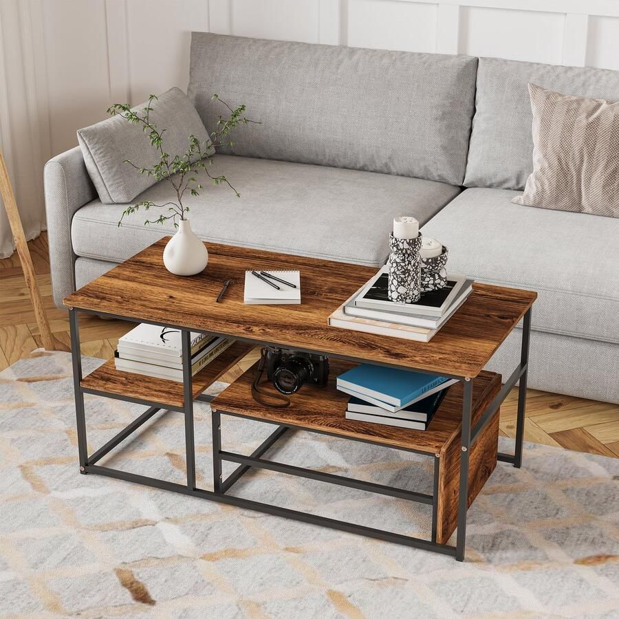 SHOPENTRA Moderne Salontafel 105x52x48 5 cm – Vierkant Houtlook Blad & Zwarte Frame – Functioneel