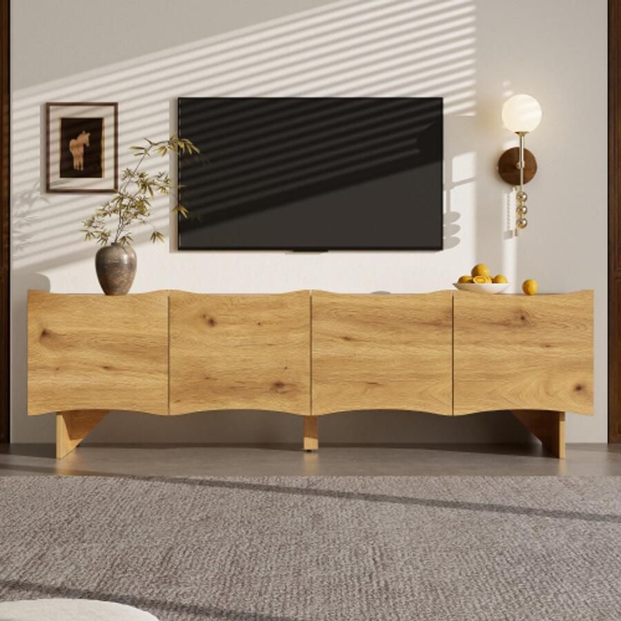 SHOPENTRA Moderne tv-kast met golfpatroon – 155 cm mediaconsole met opbergruimte vier deuren en kabeldoorvoeren in houtlook stijlvol design voor de woonkamer afmetingen 155×36×47 cm