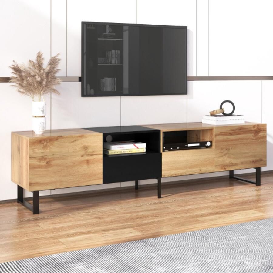 SHOPENTRA Moderne TV-Meubel met Zwart en Hout Design – Ruime Opbergruimte en Robuuste Constructie