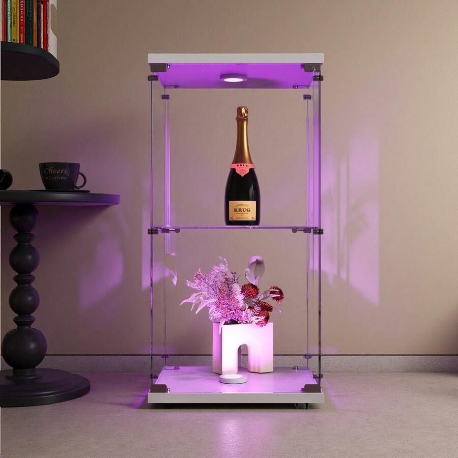 SHOPENTRA Moderne Wit Vitrinekast met 2 Lagen – Gehard Glas en LED Verlichting Stijlvolle Displaykast voor Woonkamer of Winkel