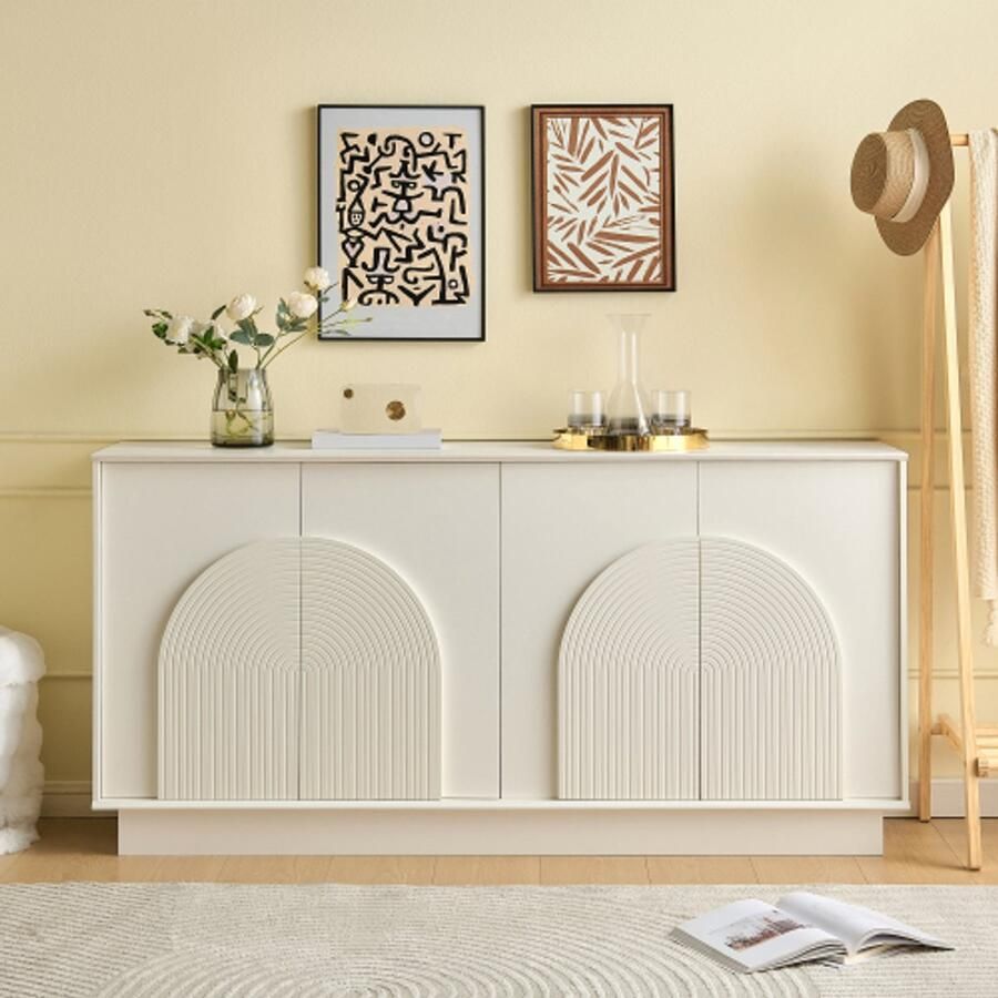 SHOPENTRA Moderne Witte Sideboard met Gebogen Deuren – 4-Deurs Opbergkast van MDF met Matte Afwerking – Stijlvolle Kast voor Woonkamer & Eetkamer