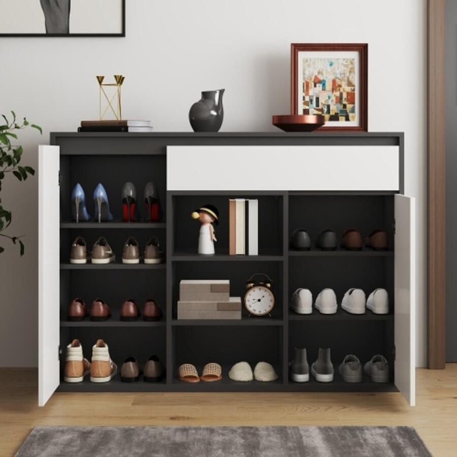 SHOPENTRA Moderne Zwart-Witte Schoenkast met 2 Deuren en 1 Lade – Verstelbare Schoenplanken – Opbergruimte voor 12–17 Paar Schoenen – Perfect voor Hal & Entree