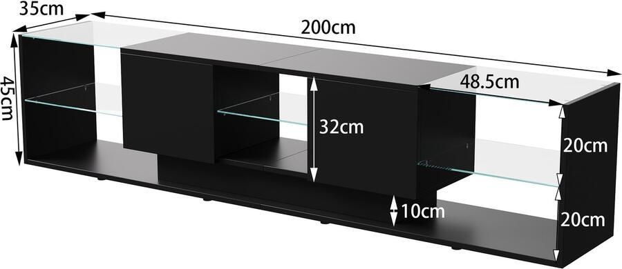 SHOPENTRA Moderne zwarte TV-meubel 200 cm – hoogglans afwerking LED-verlichting met APP- & afstandsbediening 2 opberglades – stijlvol lowboard met LED-strip voor woonkamer