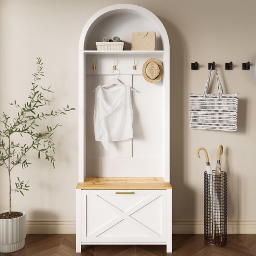 SHOPENTRA Multifunctionele Kapstok met Schoenenrek Legplank & Haken – Moderne Hall Tree voor Hal & Gang Stevig MDF & Metalen Poten