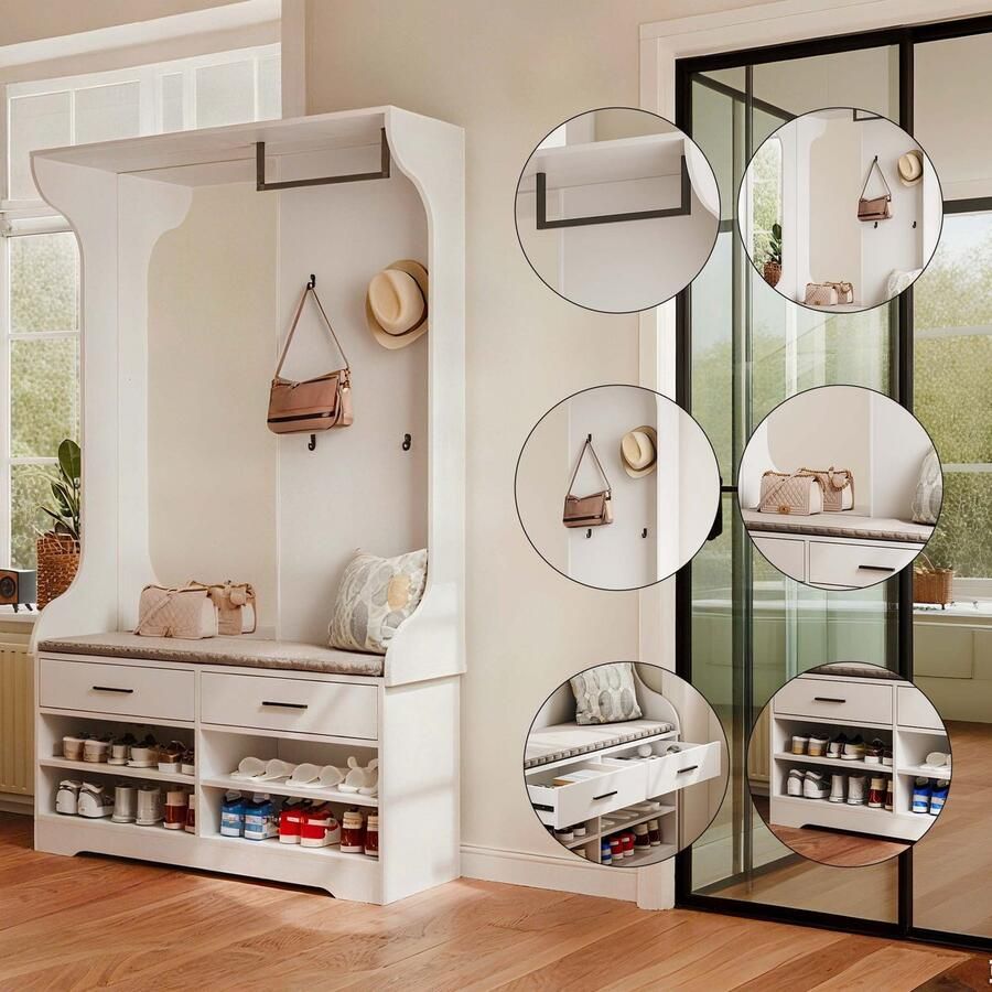 SHOPENTRA Multifunctionele Kapstok – Wit – Met Spiegel Kledingstang Kapstokhaken en Schoenenrek – Ruime Opbergruimte voor Jassen Tassen en Schoenen – Halmeubel