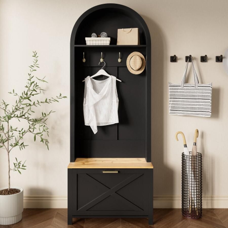 SHOPENTRA Multifunktionaler Garderobenschrank mit Schuhregal Ablage & Haken – Moderner Hall Tree für Eingangsbereich mit Stauraum stabile Eisenfüße & langlebigem MDF