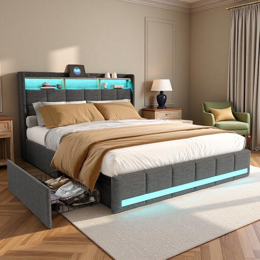 SHOPENTRA Opbergbed 140x190cm – Grijs Linnen Tweepersoonsbed met 4 Lades LED Licht USB- en Type-C Oplaadpoort Comfortabel en Praktisch