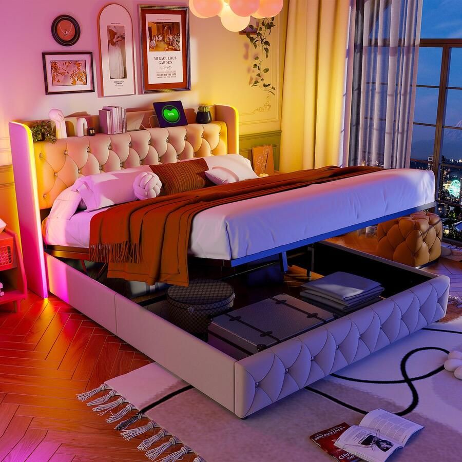 SHOPENTRA Opbergbed 140x200 cm Beige Fluweel met LED & USB Hydraulisch Tweepersoonsbed met Lattenbodem Functioneel Bed