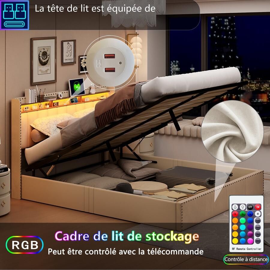 SHOPENTRA Opbergbed 140x200 cm – Beige Fluwelen Tweepersoonsbed met Gasveer & Opslagfunctie