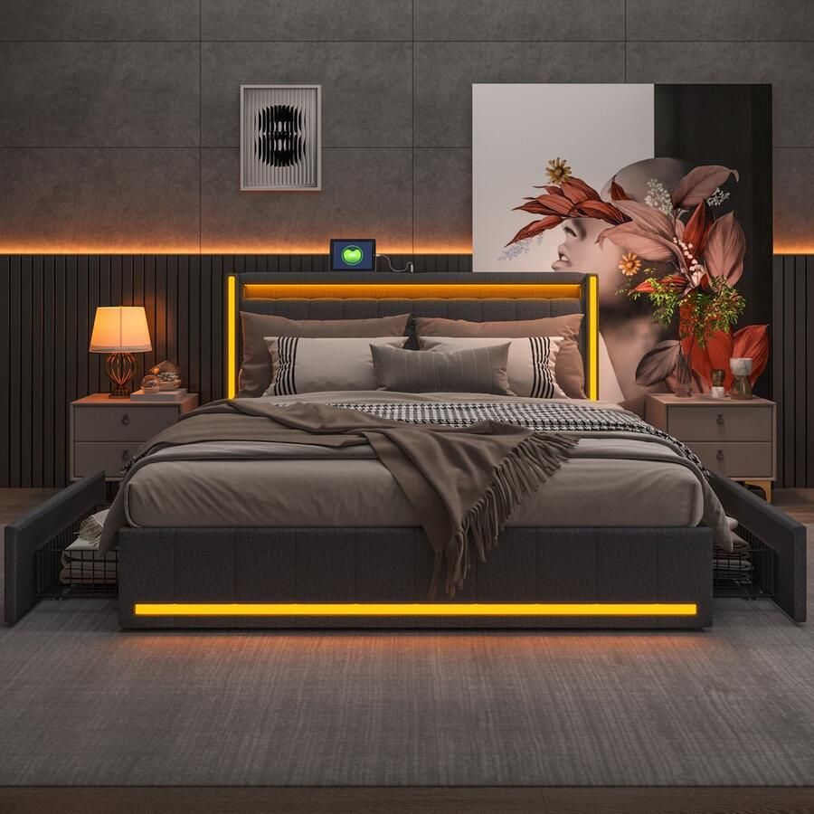 SHOPENTRA Opbergbed 140x200 cm grijs linnen met LED-verlichting USB & Type-C 4 lades en lattenbodem gestoffeerd tweepersoonsbed - Foto 2