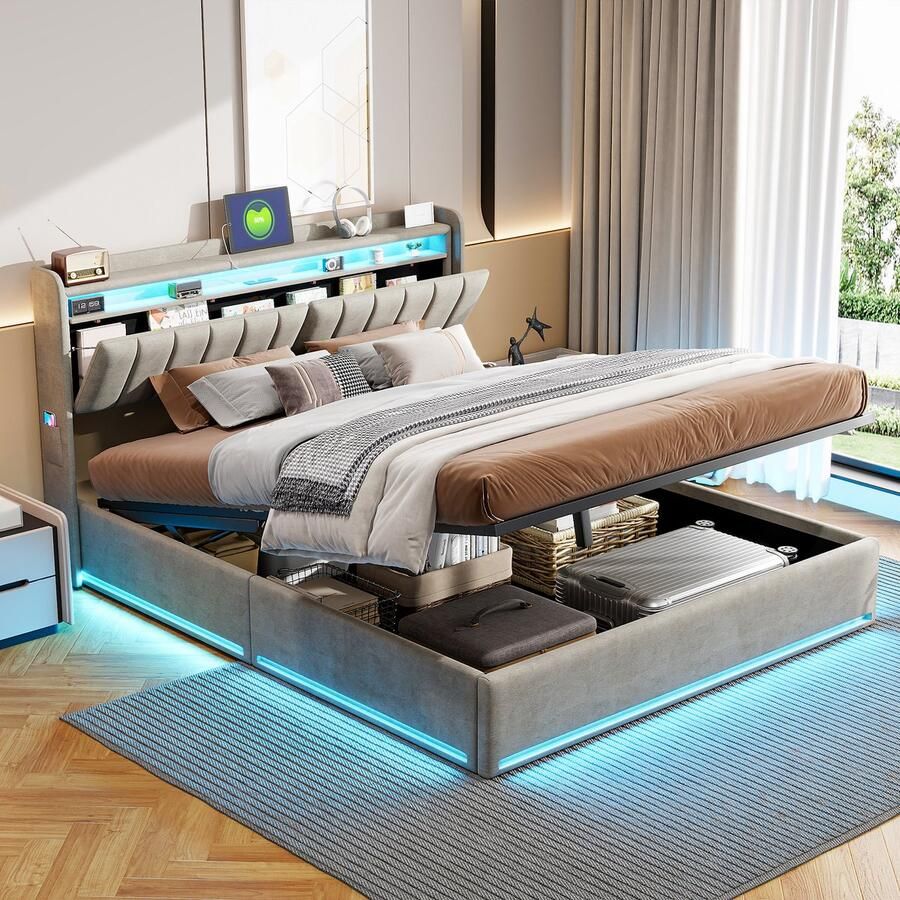SHOPENTRA Opbergbed 140x200 – Grijs Fluwelen Bed met USB-C Oplader LED Verlichting Gestoffeerd Hoofdbord & Hydraulische Opbergruimte