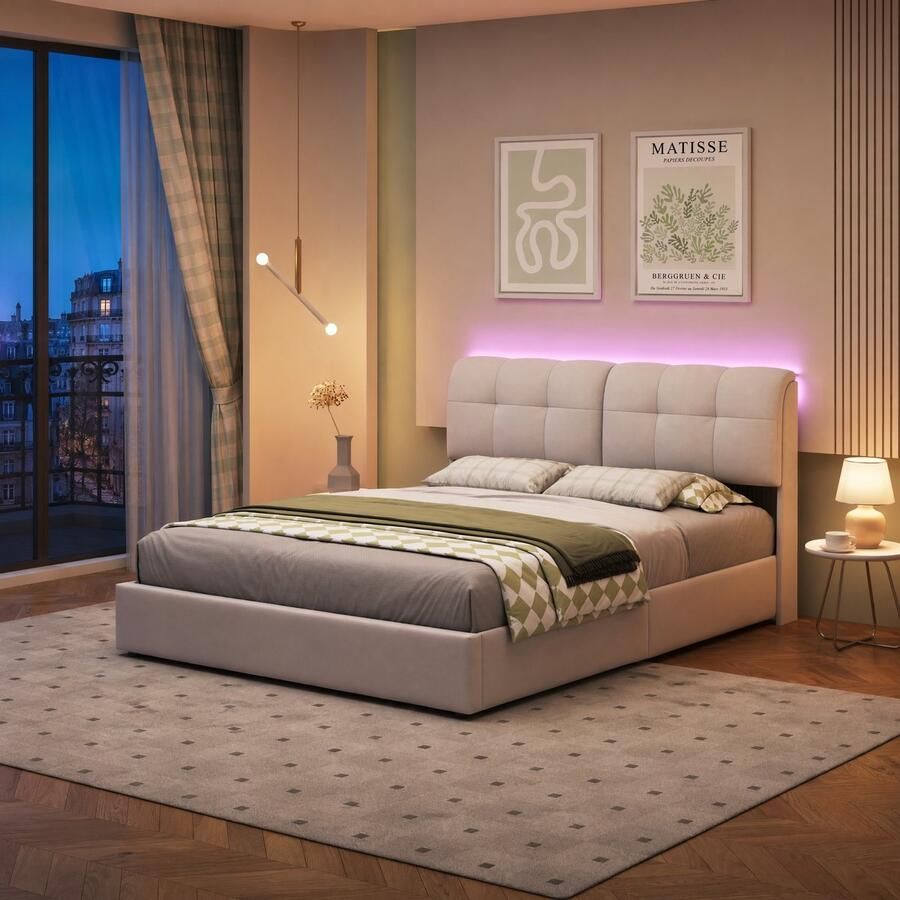 Opbergbed 160x200 cm – Beige Fluwelen Tweepersoonsbed met Hydraulische Opbergruimte LED-Verlichting en Gestoffeerd Hoofdbord - Foto 2