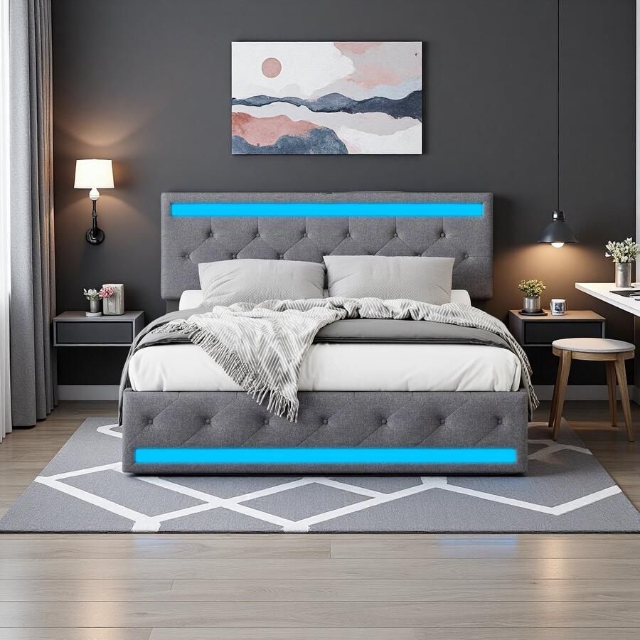 SHOPENTRA Tweepersoonsbed 160x200 cm – Grijs Linnen met LED Verlichting aan Hoofd- en Voeteneinde USB Oplaadpoort 4 Ruime Opbergladen Modern en Functioneel Design voor Slaapkamer - Foto 2