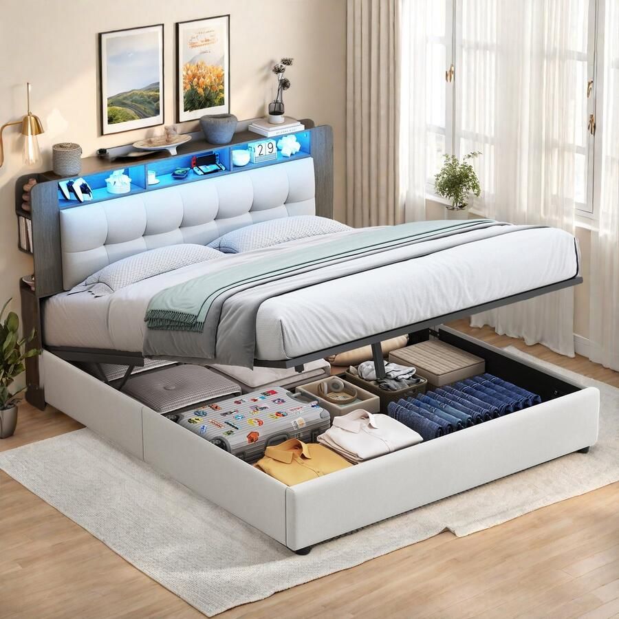 SHOPENTRA Opbergbed 140x200 cm tweepersoonsbed in beige velvet met hoofdbord opbergruimte draadloze oplader LED licht en gasveer opbergsysteem