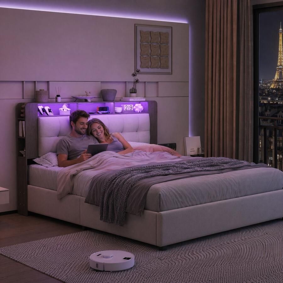 SHOPENTRA Opbergbed 160x200 cm tweepersoonsbed in beige velvet met hoofdbord opbergruimte draadloze oplader LED licht en gasveer opbergsysteem