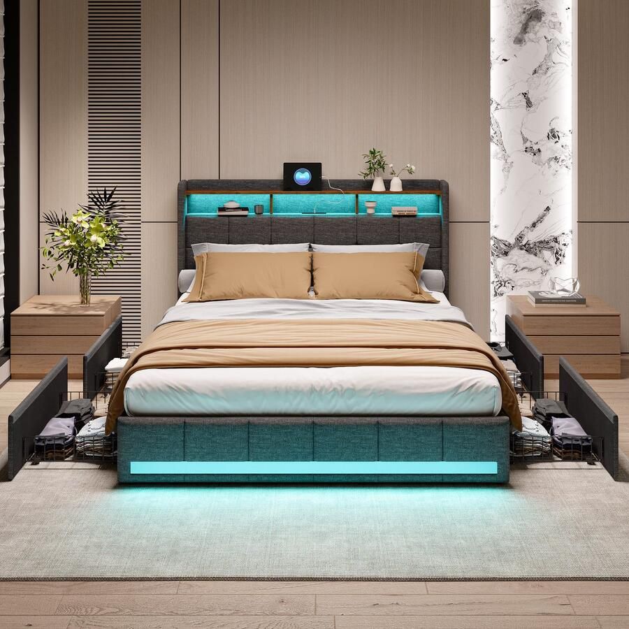 SHOPENTRA Opbergbed 160x200 – Grijs Linnen Tweepersoonsbed met 4 Lades LED Verlichting & USB + Type-C Oplaadpunten