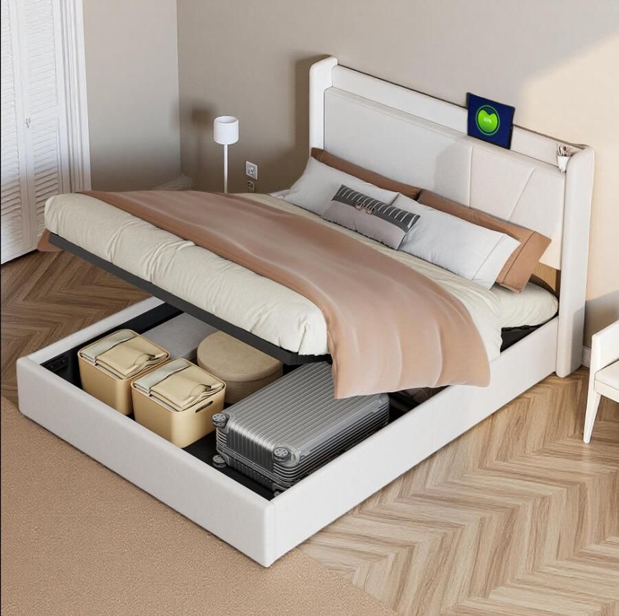 SHOPENTRA Opbergbed 160x200cm Tweepersoonsbed met USB-C en Lattenbodem Hydraulisch Bed met Hoofdbordopslag Linnen Beige