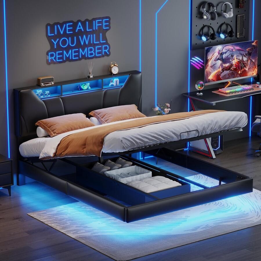 SHOPENTRA Opbergbed 160x200cm – Zwart Tweepersoonsbed met LED Lichtstrip USB Oplaadpoort en Praktische Opslag