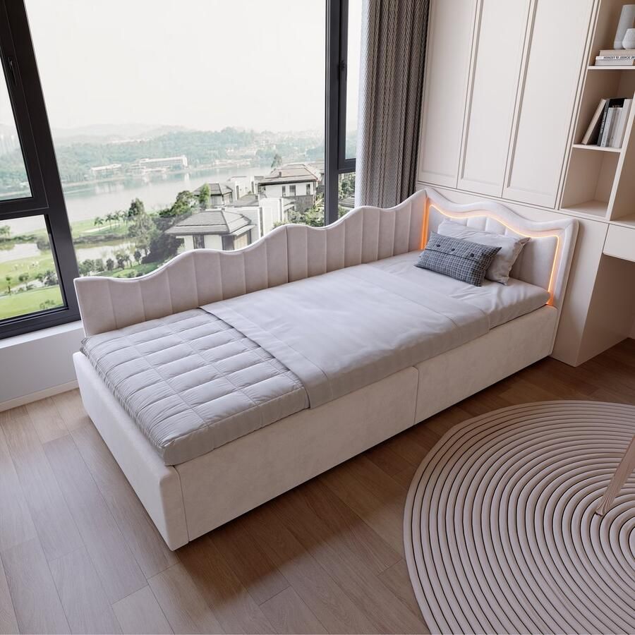 SHOPENTRA Opbergbed met Gaslift 90x200cm – Kinderbed Sofa Bed met LED 7-kleuren Lichtstrip Fluweel Beige Hoofdboard met Ingebouwde LED Comfortabel en Multifunctioneel