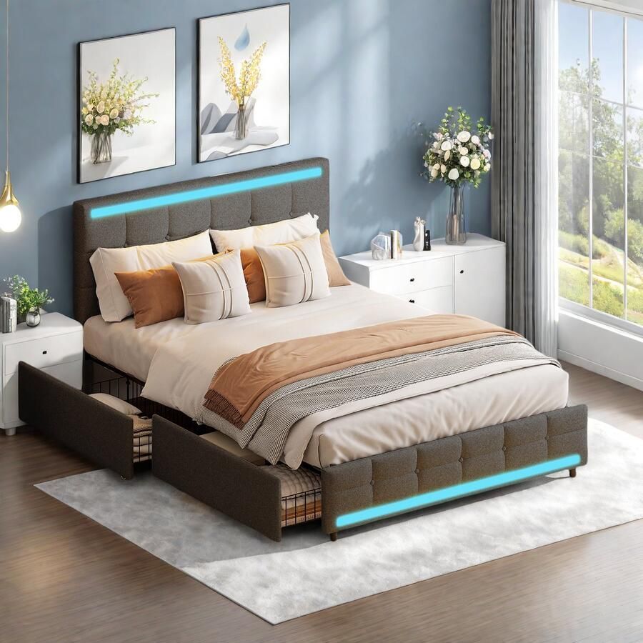 SHOPENTRA Opbergbed Tweepersoonsbed 140x200 cm grijs zacht gestoffeerd 4 laden verstelbaar hoofdbord met LED en USB-oplaadstation