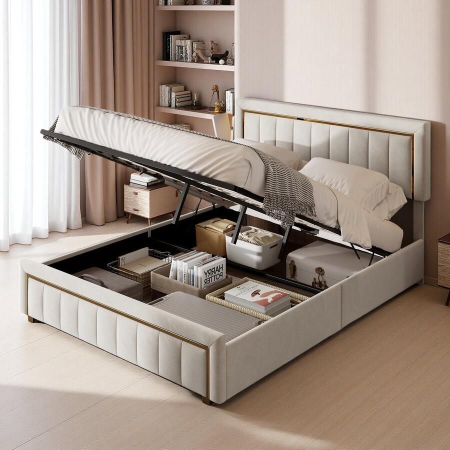 SHOPENTRA Opbergbod 160x200 cm – Hydraulisch Tweepersoonsbed met Lattenbodem & Opbergbox Fluweel Beige