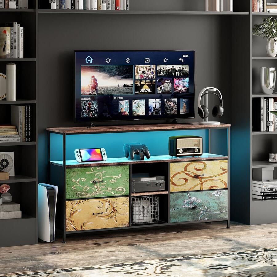 SHOPENTRA Opbergkast 137x29 8x78 cm – Retro modern metalen frame met 4 kleurrijke stoffen laden en LED-verlichting – Functionele kast voor woonkamer of eetkamer