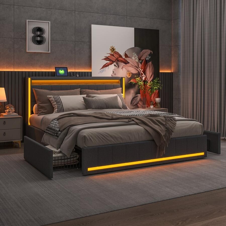 SHOPENTRA Polsterbed 140x200 cm Met LED Verlichting USB & Type-C Tweepersoonsbed met 4 Laden & Lattenbodem Grijs Linnen