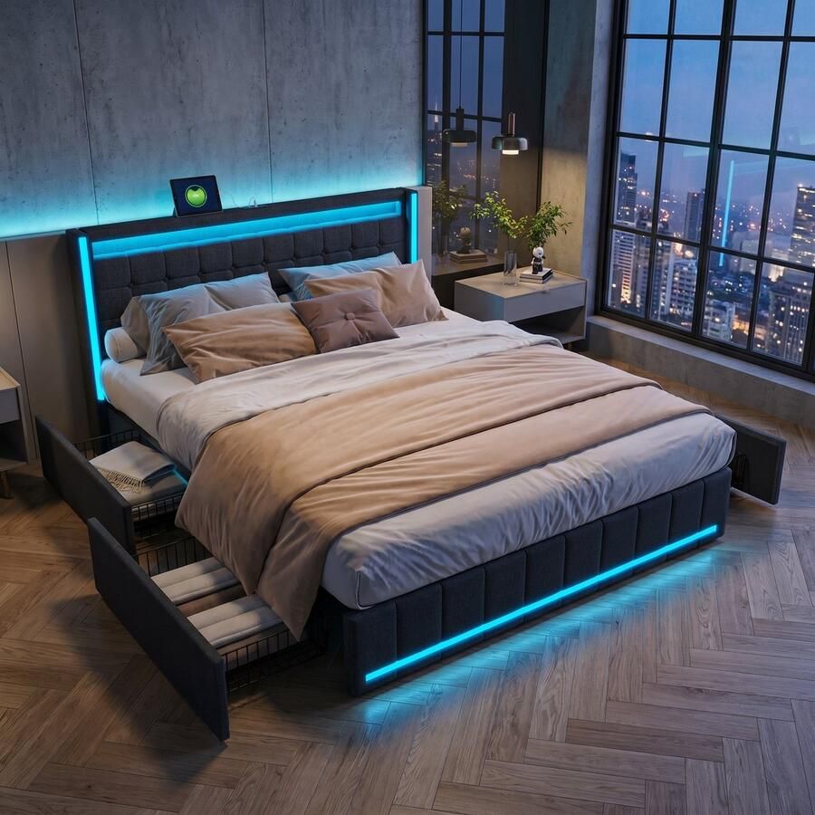 SHOPENTRA Opbergbed 140x200 cm grijs linnen met LED-verlichting USB & Type-C 4 lades en lattenbodem gestoffeerd tweepersoonsbed
