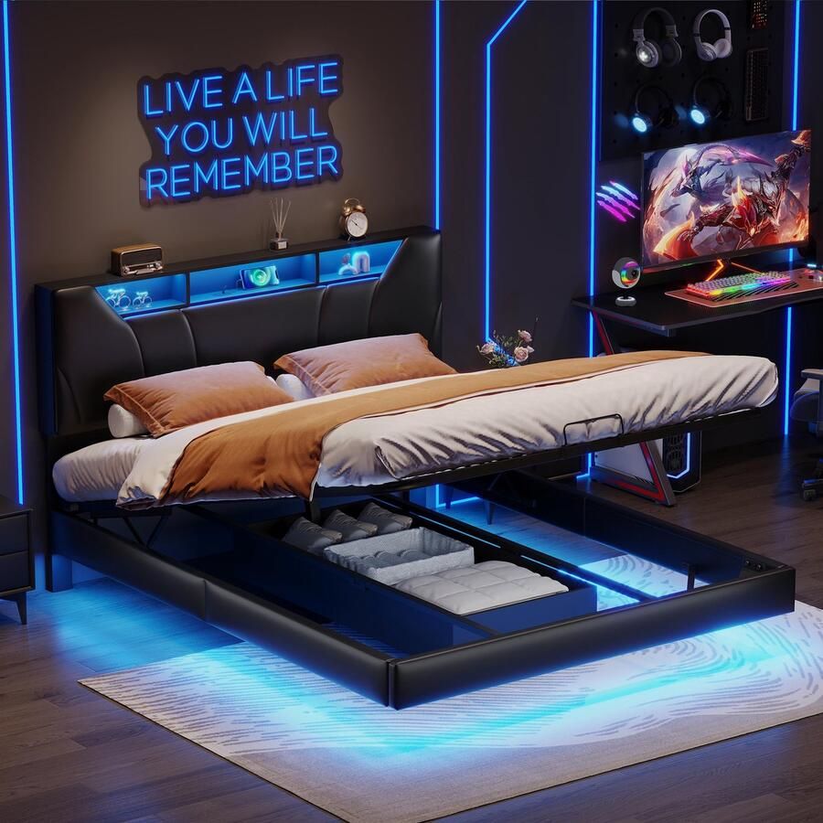 SHOPENTRA Polsterbed 140x200cm met LED USB Boxspringbed zonder Matras met Lattenbodem en Opslagruimte Functioneel Jeugd- en Tweepersoonsbed PU Zwart Zonder matras