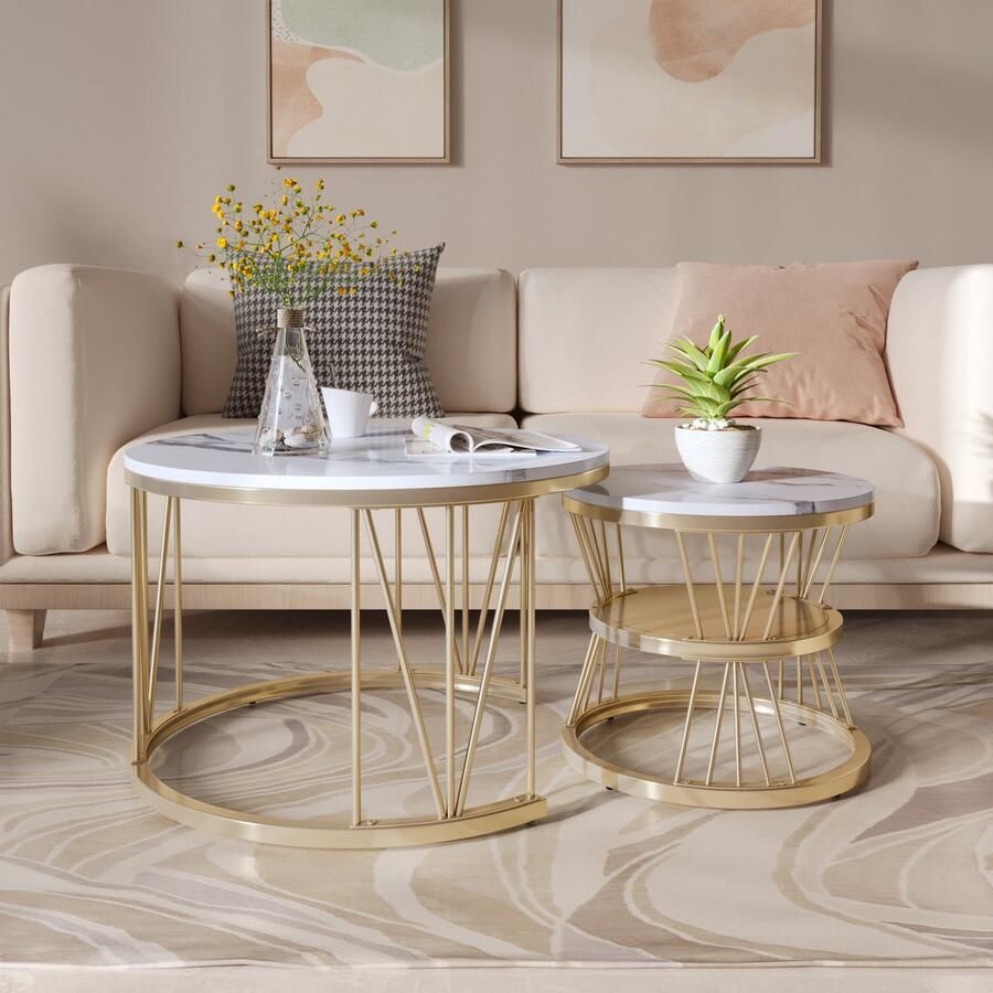 SHOPENTRA Ronde Salontafel Set – 2-delig Marmerlook Tafel met Gouden Metalen Frame Moderne Bijzettafels