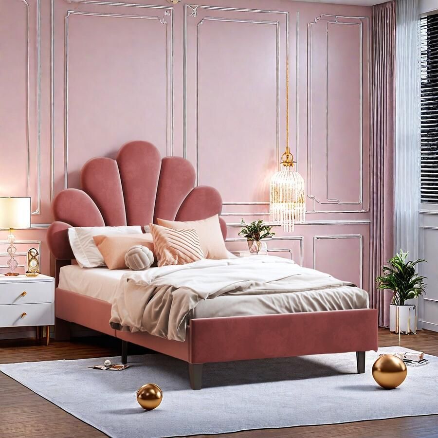 SHOPENTRA Rood Kinderbed – Enkelbed 90x200cm met Bloemblad Ontwerp Leuk en Comfortabel voor Kinderkamer