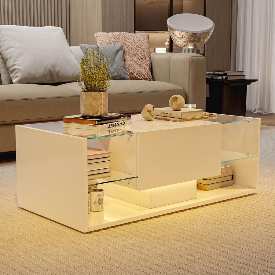 SHOPENTRA Salontafel 100x50x35cm – Wit Hoogglans met LED Licht Lade en Opbergruimte Modern Design voor Woonkamer