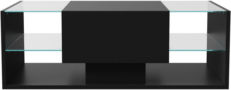 SHOPENTRA Salontafel 100x50x35cm – Zwart Hoogglans met LED Licht Lade en Opbergruimte Modern en Functioneel Design voor Woonkamer