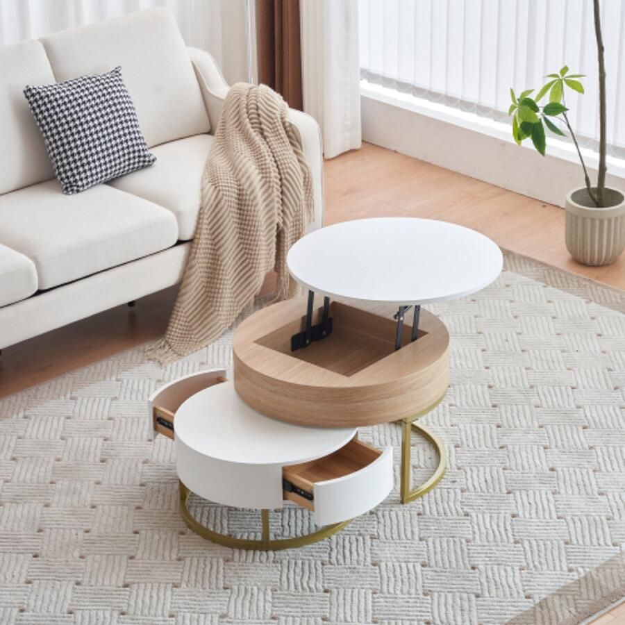 SHOPENTRA Salontafel Set 2-delig – Gouden Satztisch met Opklapbaar Tafelblad en 2 Lades Moderne Bijzettafel Combinatie 70x70x42 56 5 cm + 60x60x27 cm