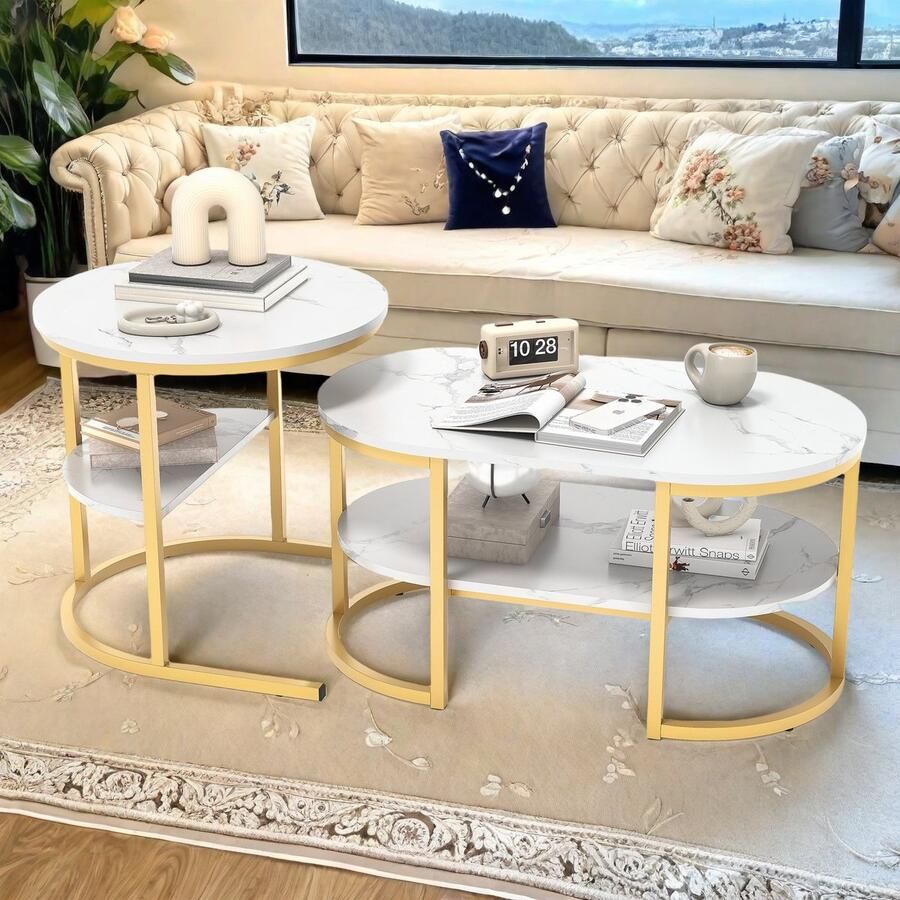 SHOPENTRA Salontafel set 2-delig – Marmerlook wit met goud frame – Moderne koffietafel bijzettafel voor woonkamer