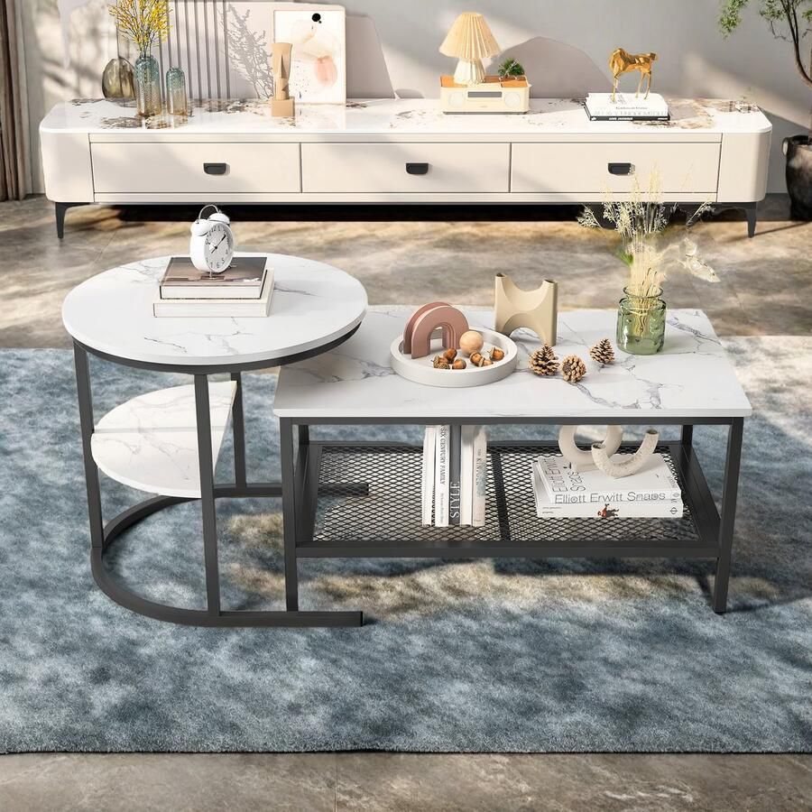 SHOPENTRA Salontafel set 2-delig – ronde en rechthoekige bijzettafel wit blad met metalen frame